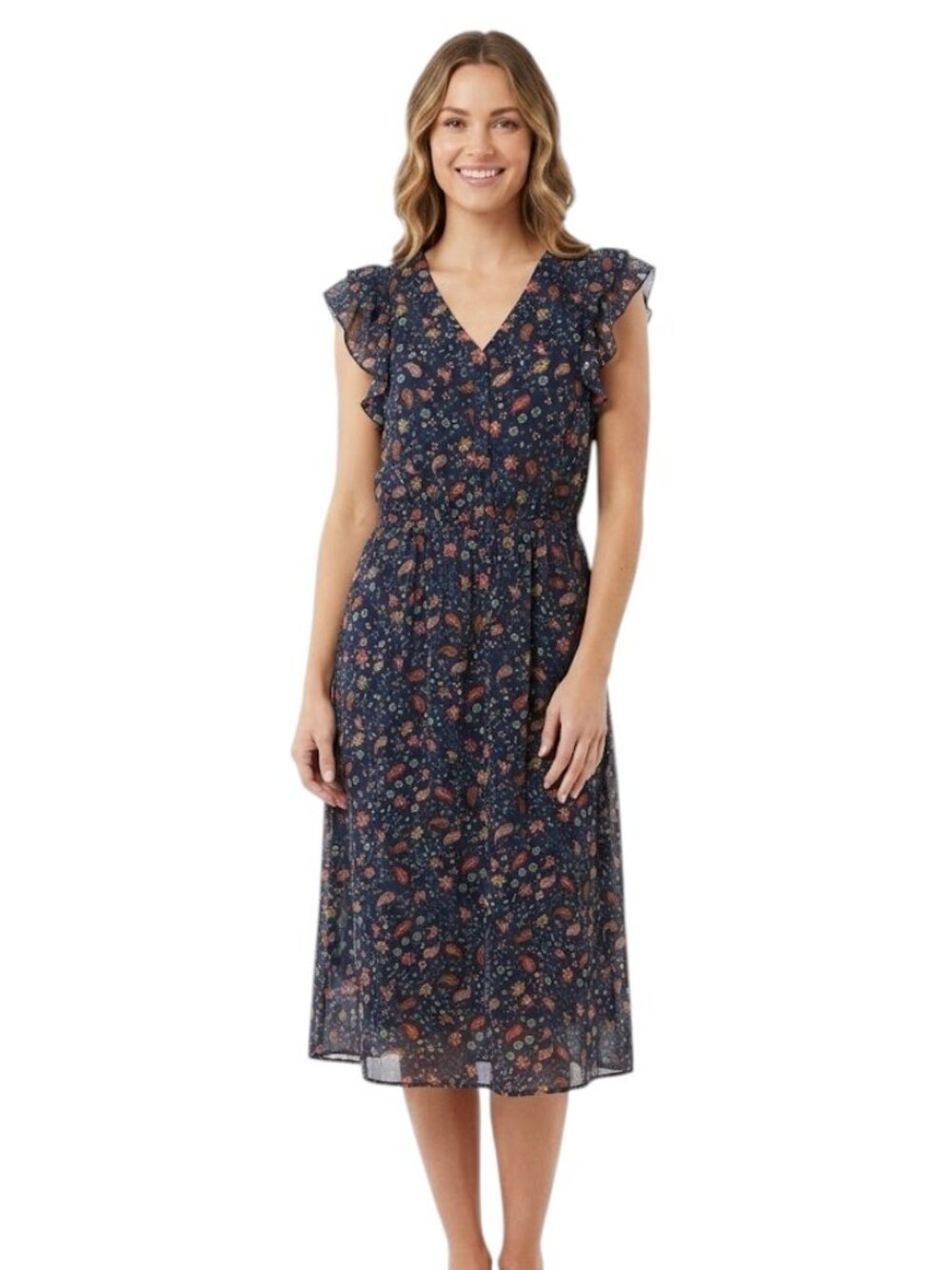 DR2 Sleeveless Ruffled Tie Belt Midi Mid Knee Length Belted Casual Navy Dress M